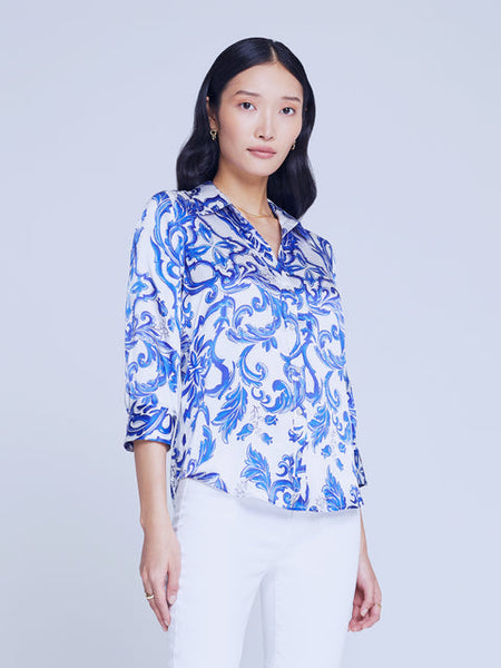 L'AGENCE Dani 3/4 Sleeve Blouse in White Mediterranean