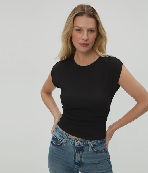 michael stars Joni Power Shoulder Crew T-Shirt in Black