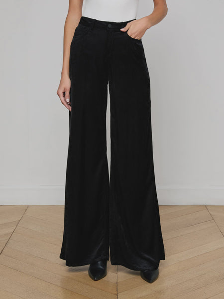 L'AGENCE Quincy Hi Rise Wide Leg Velvet Cord in Black
