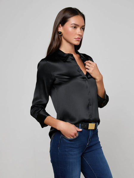 L'AGENCE Dani 3/4 sleeve silk blouse in black