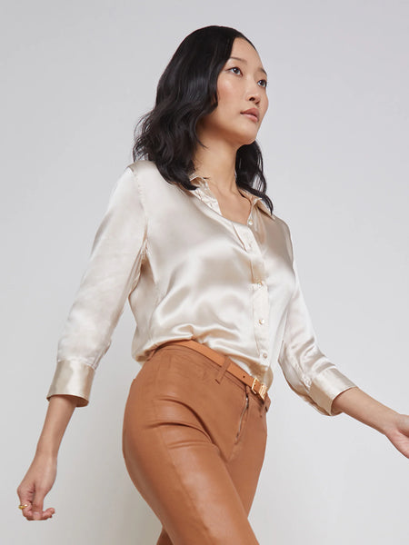 L'AGENCE Dani 3/4 sleeve silk blouse in Champagne
