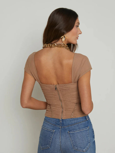 L'AGENCE Asuka Shirred Mesh Top in Cappuccino