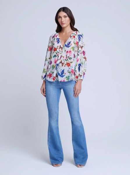 L'AGENCE Teagan Dolman Sleeve Blouse in Ivory Multi