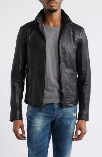 John Varvatos ANSEL Band Collar Leather Jacket -  Black