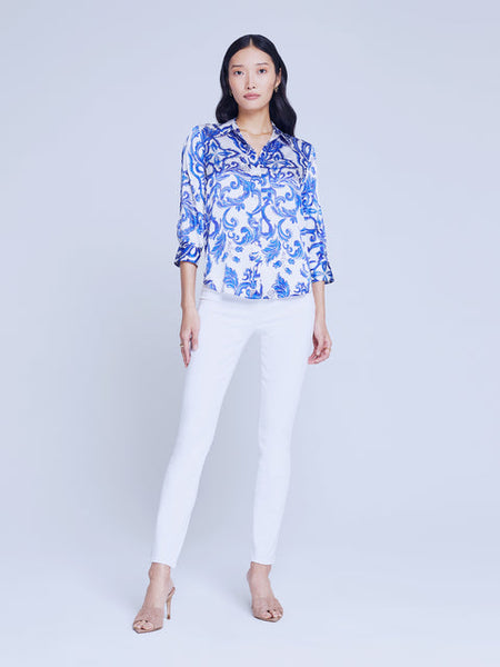 L'AGENCE Dani 3/4 Sleeve Blouse in White Mediterranean