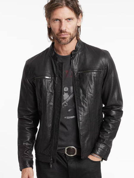 John Varvatos Brando Band Collar Leather Jacket - Black