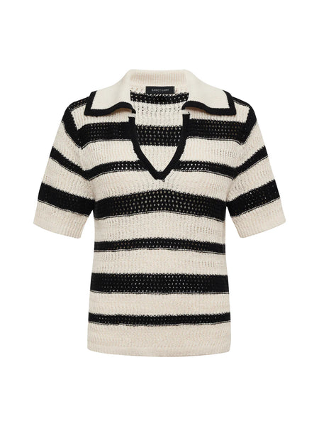 Sanctuary Knitted Collared Stripe Top in Black/Chalk