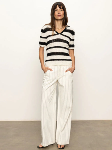 Sanctuary Knitted Collared Stripe Top in Black/Chalk