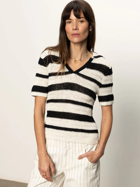 Sanctuary Knitted Collared Stripe Top in Black/Chalk