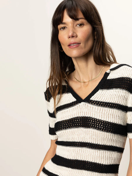Sanctuary Knitted Collared Stripe Top in Black/Chalk