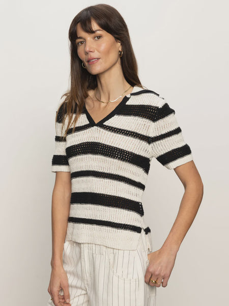 Sanctuary Knitted Collared Stripe Top in Black/Chalk