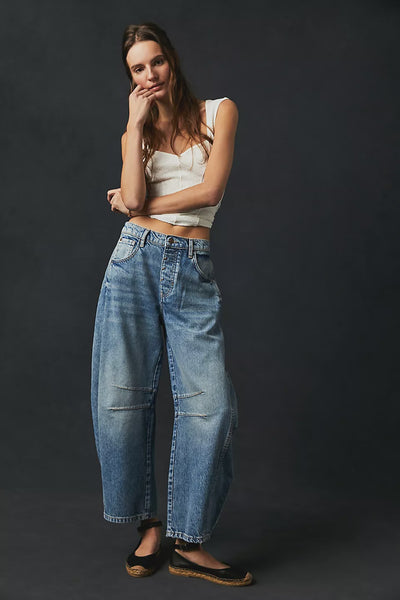 Free People Good Luck Mid Rise Barrel Jean in Ultra Light