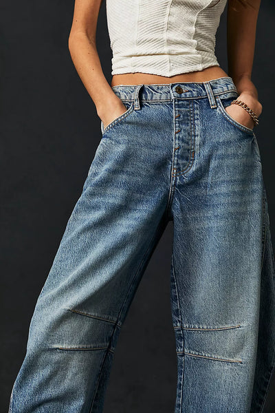 Free People Good Luck Mid Rise Barrel Jean in Ultra Light