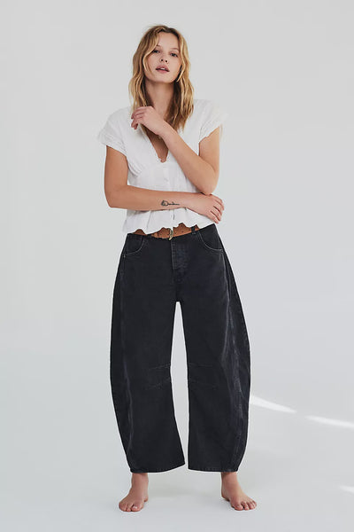 Free People Good Luck Mid Rise Barrel Jean in Soundwave