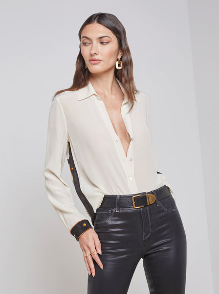 L'AGENCE Gio Long Sleeve Print Back Blouse in Ecru Keys