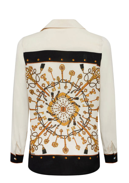 L'AGENCE Gio Long Sleeve Print Back Blouse in Ecru Keys