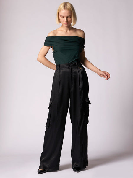 EQUIPMENT Yelena Off Shoulder Top in Scarab Green