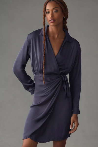 Velvet Juni Satin Viscose Long Sleeve Dress in Baltic