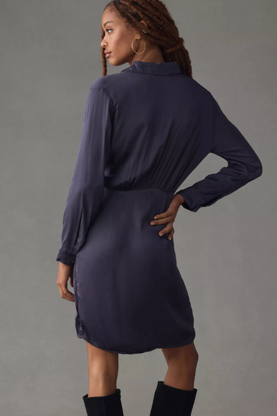 Velvet Juni Satin Viscose Long Sleeve Dress in Baltic