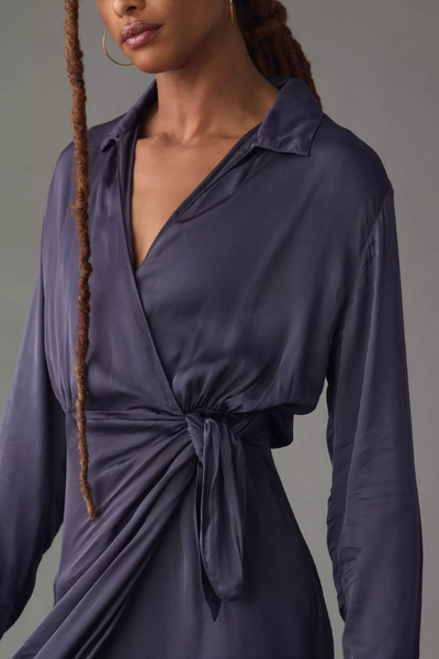 Velvet Juni Satin Viscose Long Sleeve Dress in Baltic