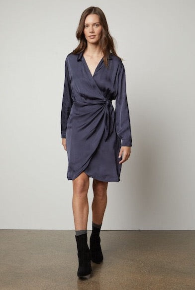 Velvet Juni Satin Viscose Long Sleeve Dress in Baltic
