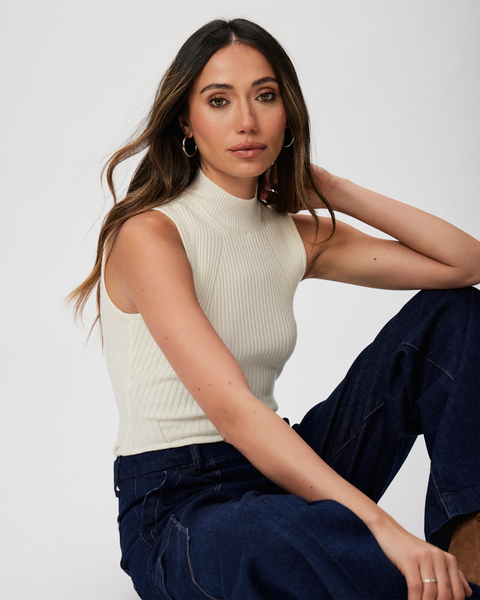 Paige Fidelia Ribbed Sleeveless Mockneck in Ivory