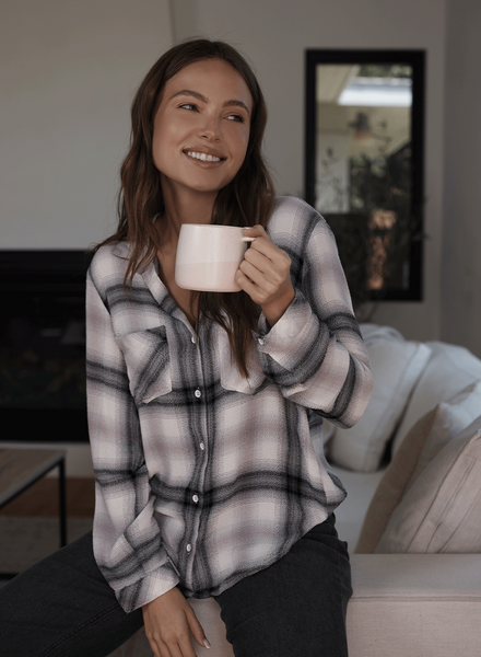 Bella Dahl Two Pocket Button Down Shirt Mauve Rose Plaid