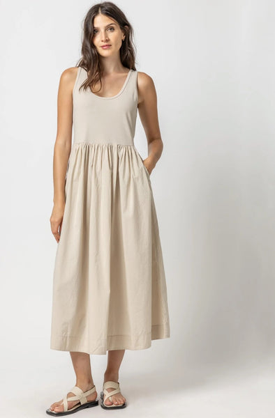 Lilla P Mixed Media Sleeveless Dress in Pebble