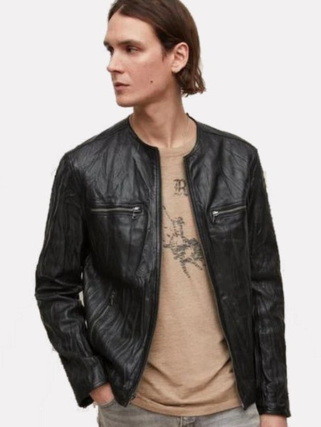 John Varvatos Spencer Collarless Leather Jacket - Black