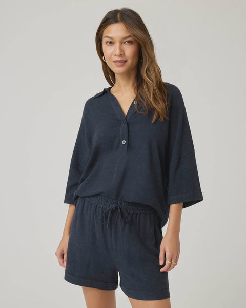 Splendid Coastal Rayon Linen Short Sleeve Top in Navy