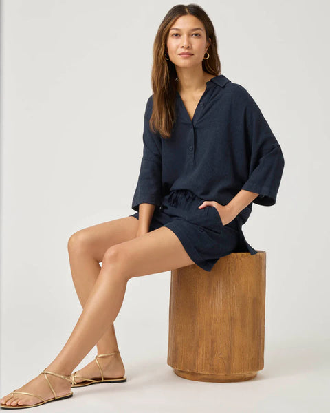 Splendid Coastal Rayon Linen Short Sleeve Top in Navy