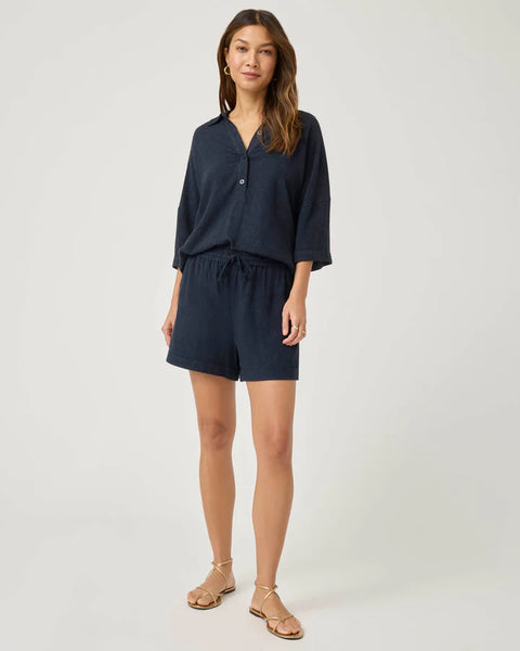 Splendid Coastal Rayon Linen Short Sleeve Top in Navy