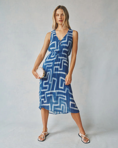 Bella Dahl High Low Pleated Dress in Coastal Line Print