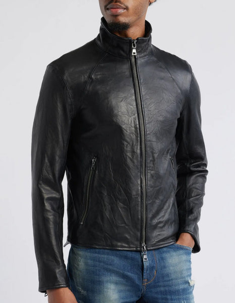John Varvatos ANSEL Band Collar Leather Jacket -  Black