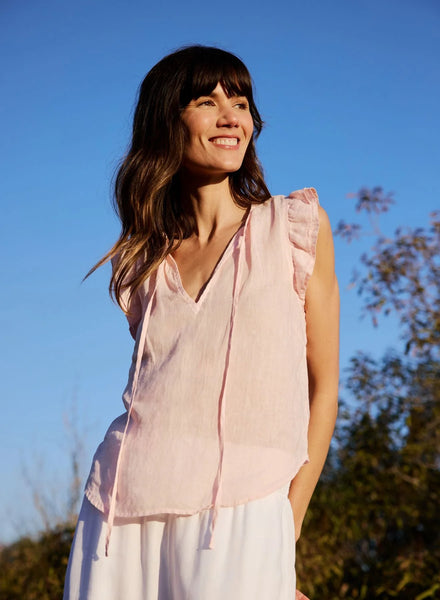 bella dahl ruffl sleeve tie neck tissue linen top pastel pink
