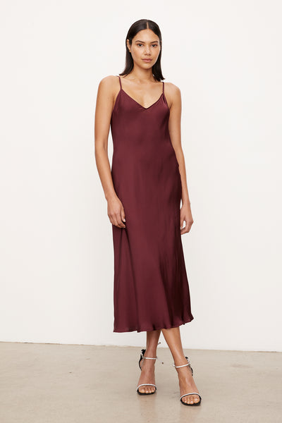 Velvet Poppy Satin Viscose Slip Style Dress in Malbec