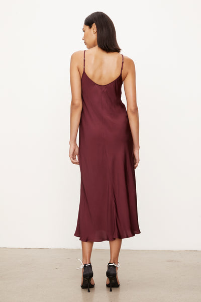 Velvet Poppy Satin Viscose Slip Style Dress in Malbec