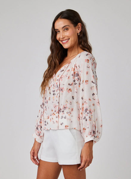 bella dahl shirred raglan tie front blouse hana floral print