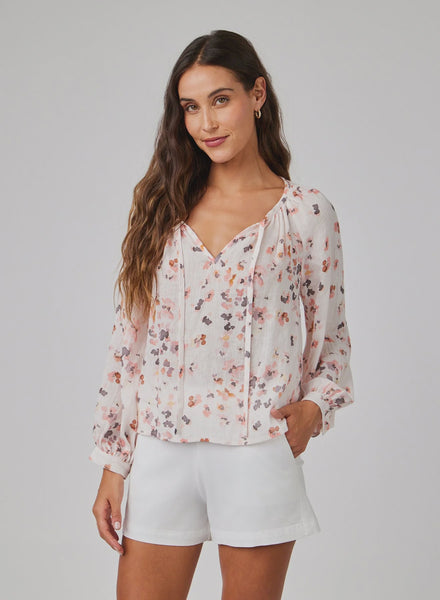 bella dahl shirred raglan tie front blouse hana floral print