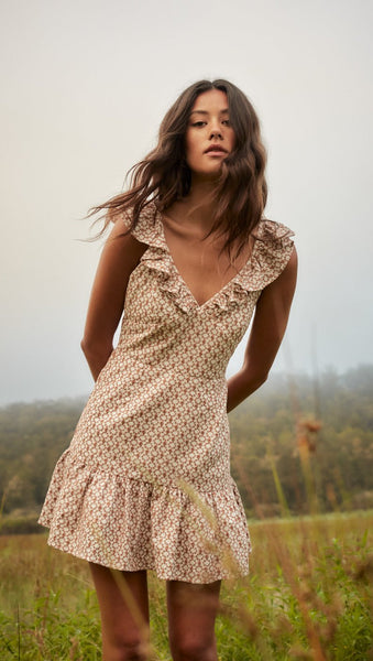 MinkPink Tanjil V-Neck Cotton Embroidered Dress in Tan/White