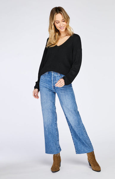 Gentle Fawn Tucker V Neck Sweater in Black