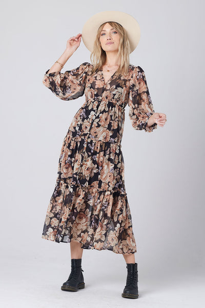 Saltwater Luxe Deklan 3/4 Slv Floral Maxi Dress in Black