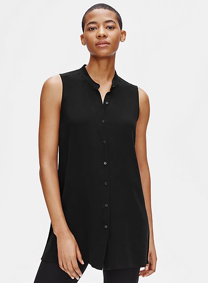 Eileen Fisher System Silk Georgette Sleeveless Button Front Shirt - Bone or Black