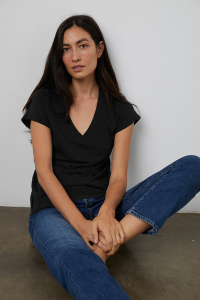 Velvet Jill Cotton Slub V-Neck Tee - black and white