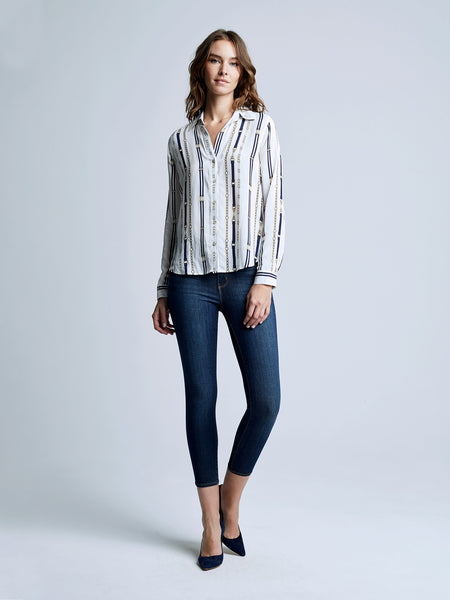 L'AGENCE Holly Chain Buckle Blouse in Ivory/Navy