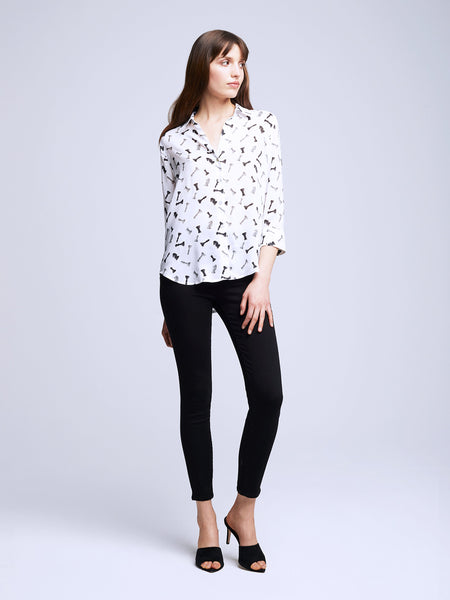 L'AGENCE Camille 3/4 sleeve blouse in ivory/black chess pieces
