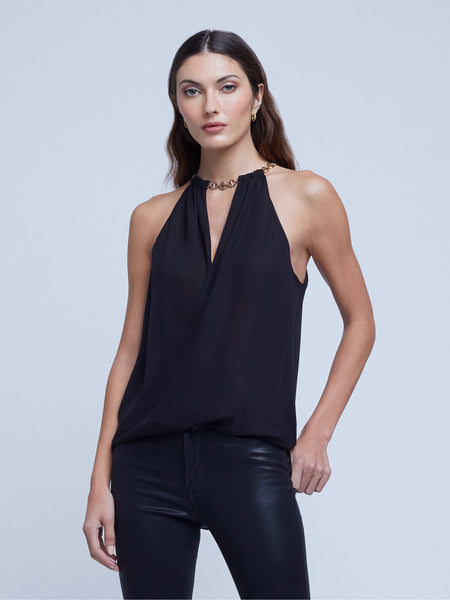 L'AGENCE Lina Chain Draped Top in Black