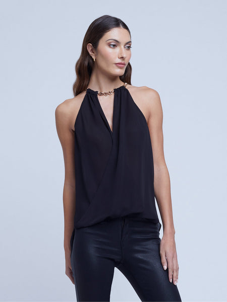 L'AGENCE Lina Chain Draped Top in Black