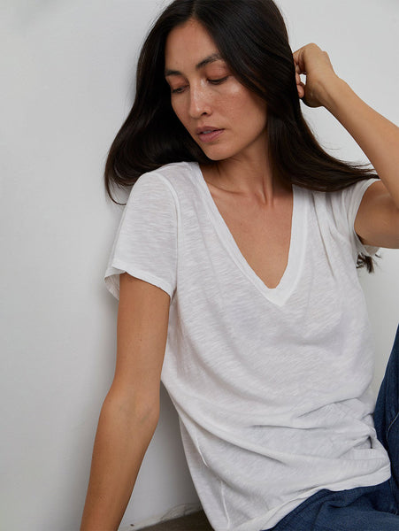Velvet Jill Cotton Slub V-Neck Tee - black and white