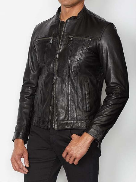 John Varvatos Brando Band Collar Leather Jacket - Black